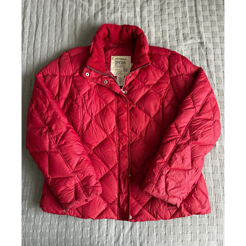 Eddie Bauer Premium Goose Down Jacket Womens XL Red Diamond Puffer 700 Fill
